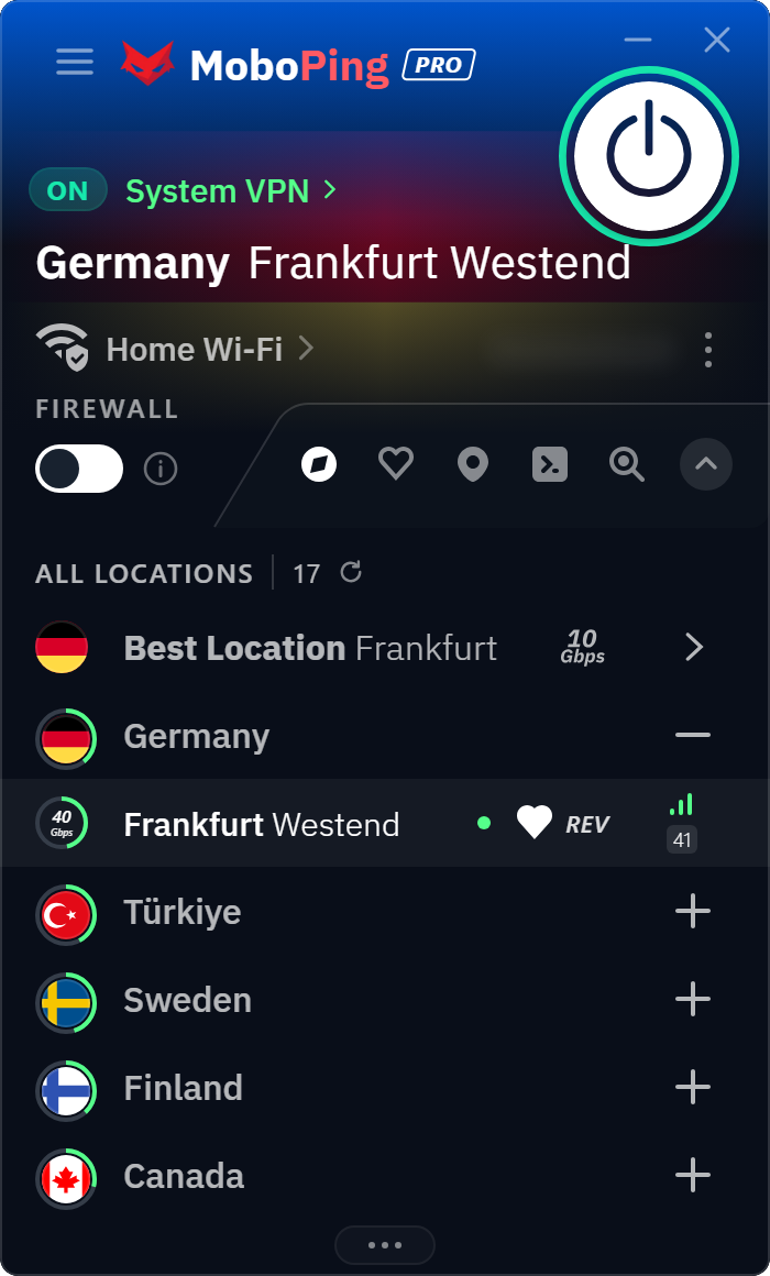 MoboPing app connected to Frankfurt Westend, with the locations list open
